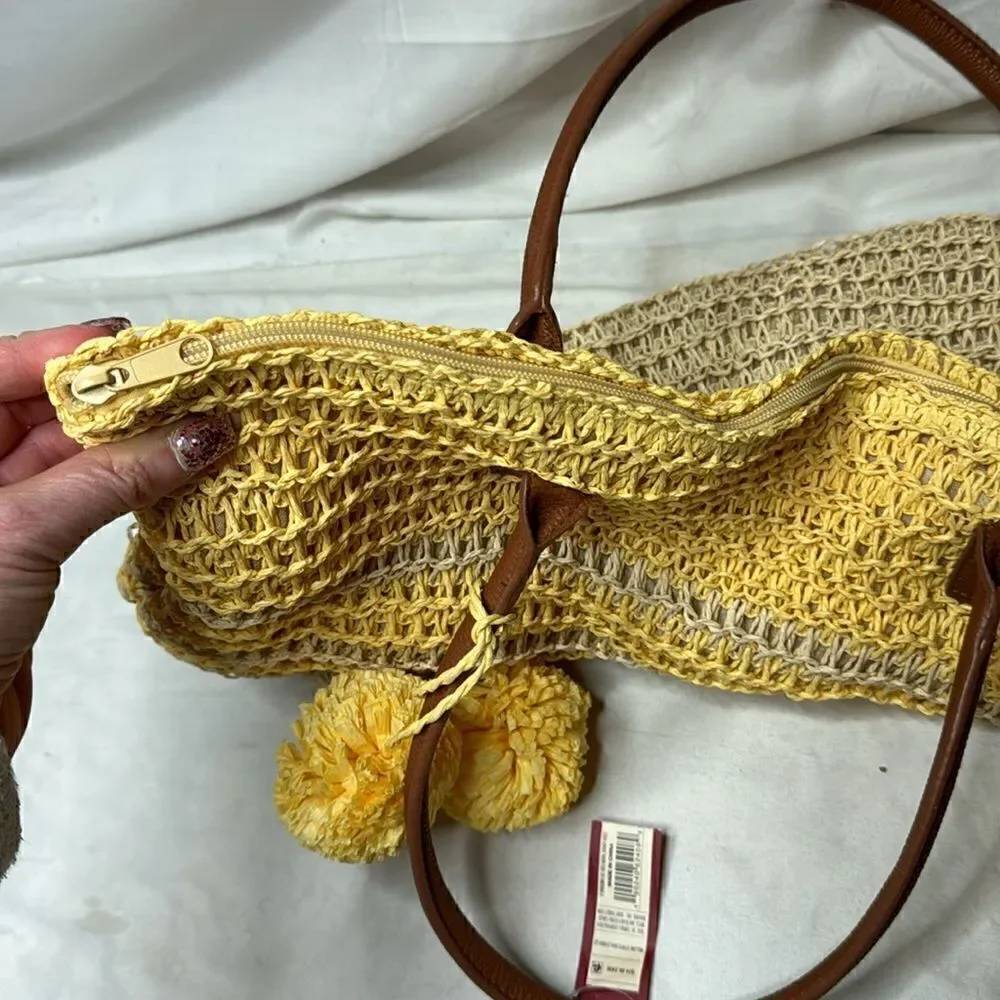 Merona Striped Woven Straw Pom Pom Tote Nag. NWT.